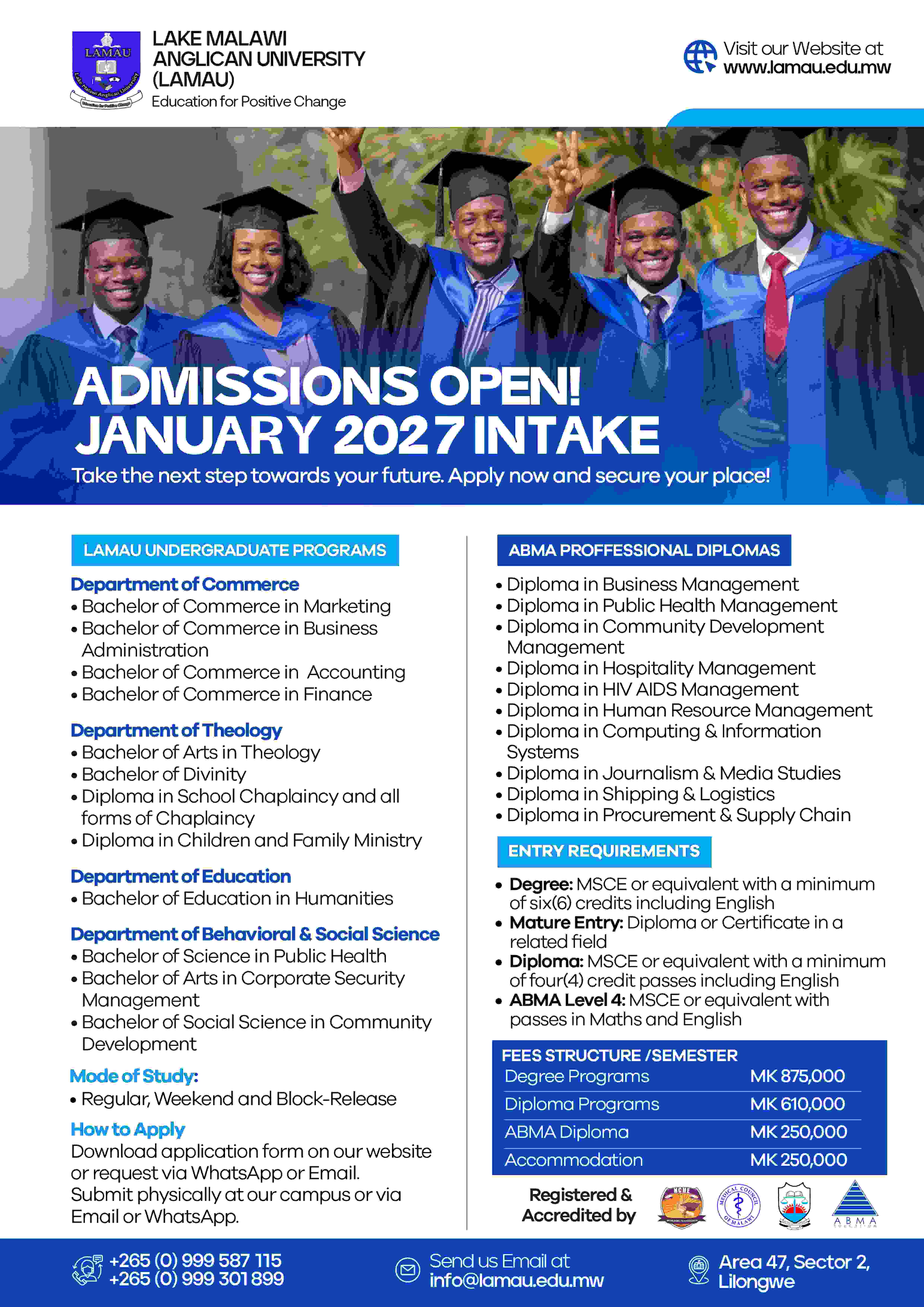 Lake Malawi Anglican University Admissions Flyer
